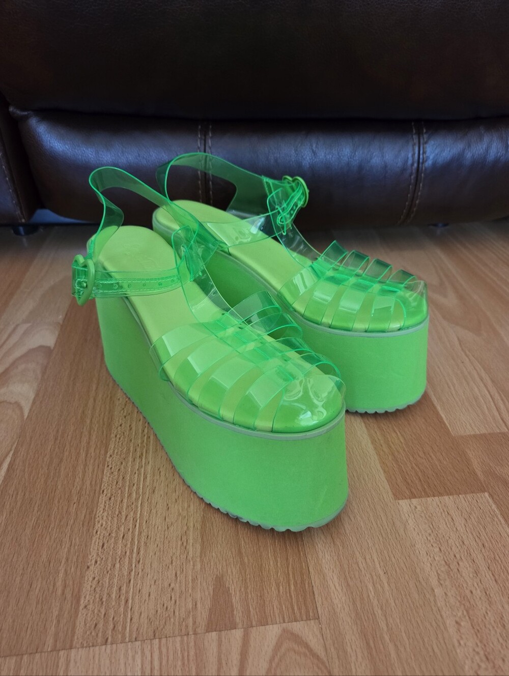 Sugar Thrillz Green Platform Jelly Sandals with Heart Buckle Rave Y2K Festival 7